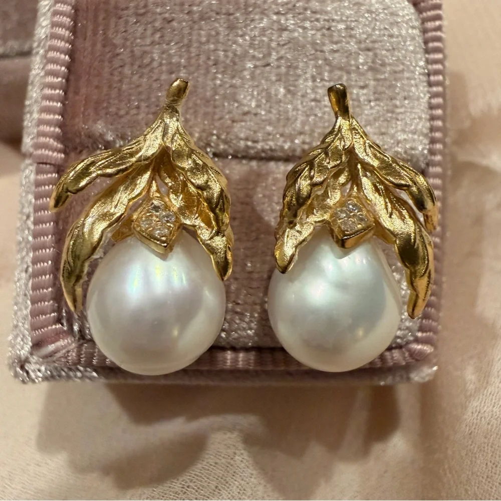 Gold Leaf Freshwater‎ Pearl Drop Earrings Statement Baroque Pearl Jewelry
